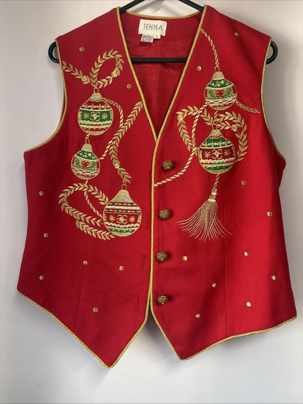 Jenna Vest Women  L Red Wool Christmas Ornaments Embroidery Beaded Holiday